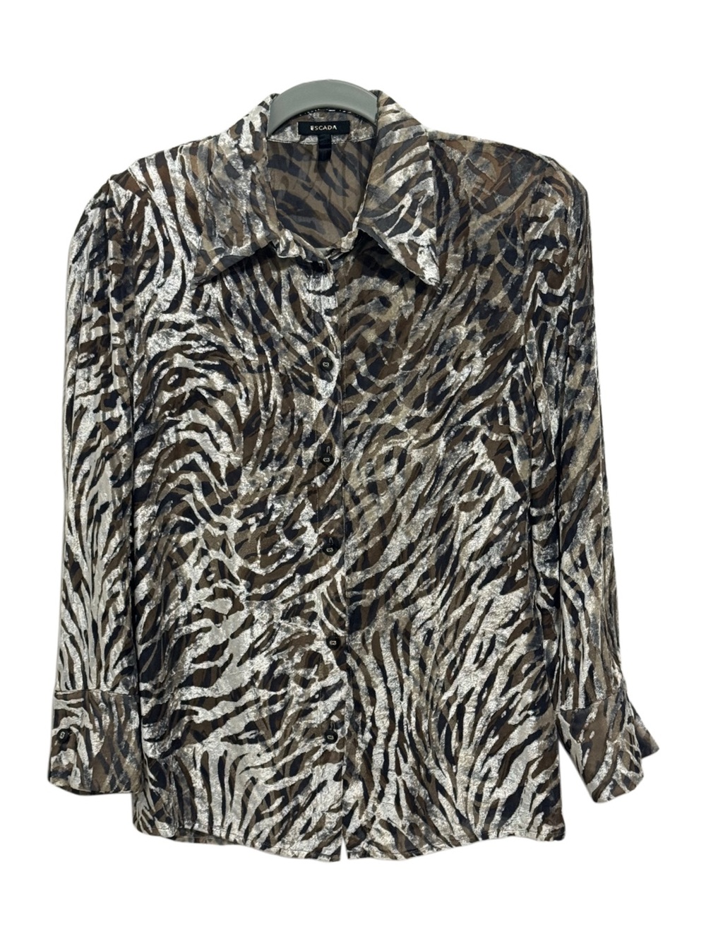 Escada Velvet Tiger Stripe Burnout Blouse in Brown, Silver & Black
